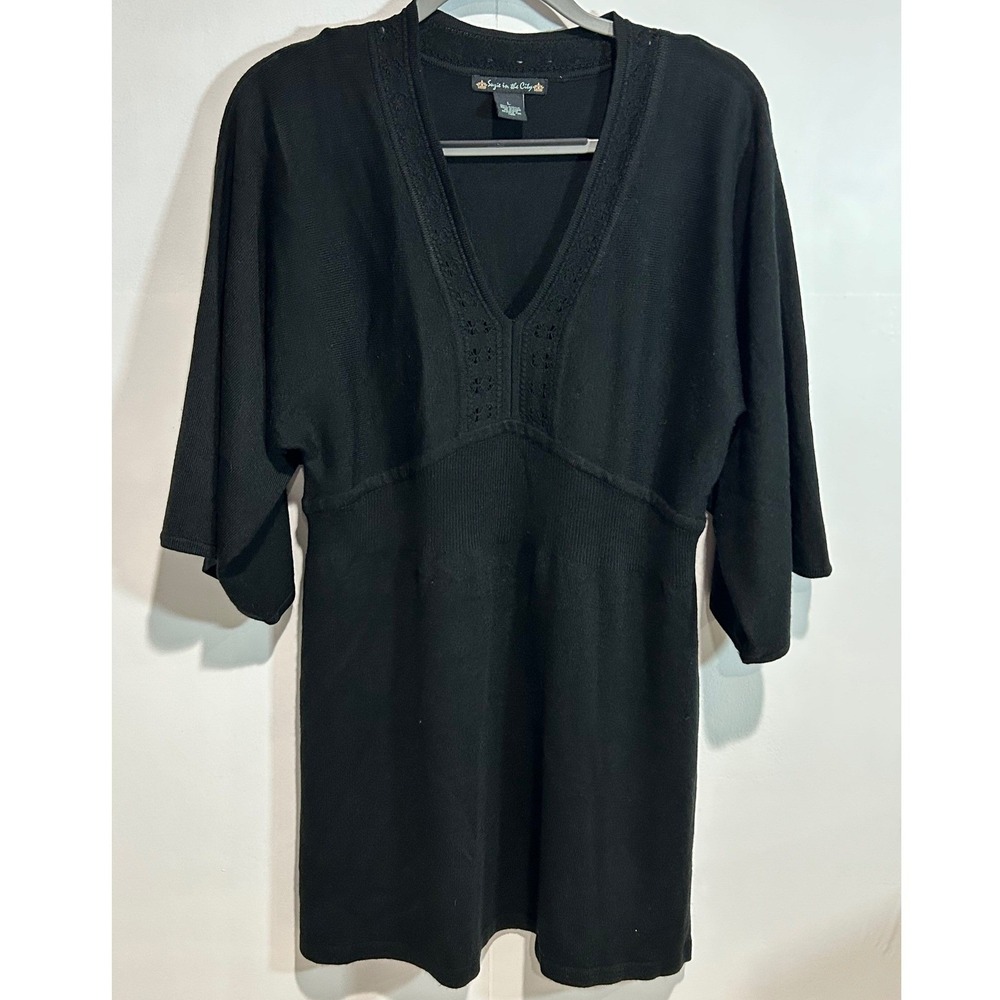 Black V-Neck Sweater Large Crochet Trim Long Minimalist Goth Dark academia